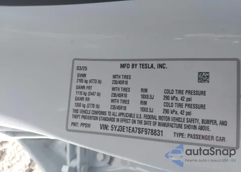 2025 Tesla Model 3 Long Range Rear-Wheel Drive from USA, damaged, VIN 5YJ3E1EA7SF978831